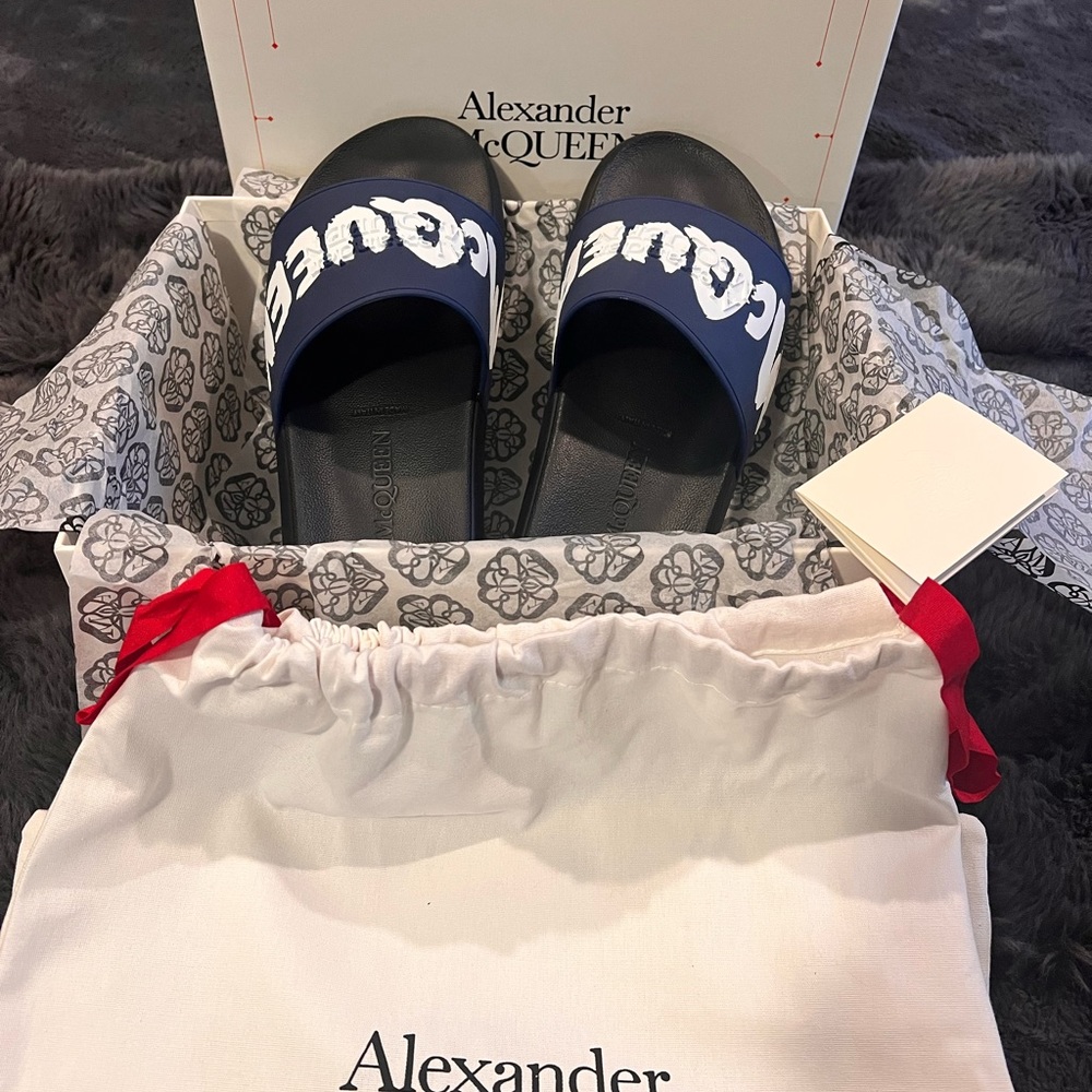 Alexander McQueen Graffiti Slides in rare Midnight Petrol Navy Blue